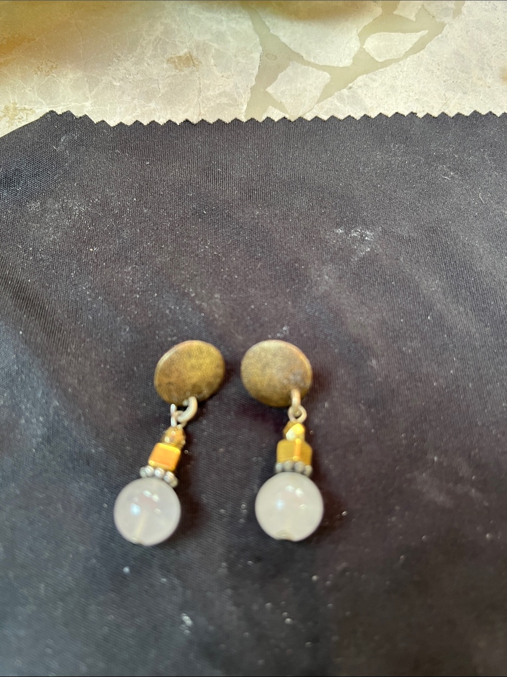 Copper Tone Drop Earrings with Cream Bead Accent